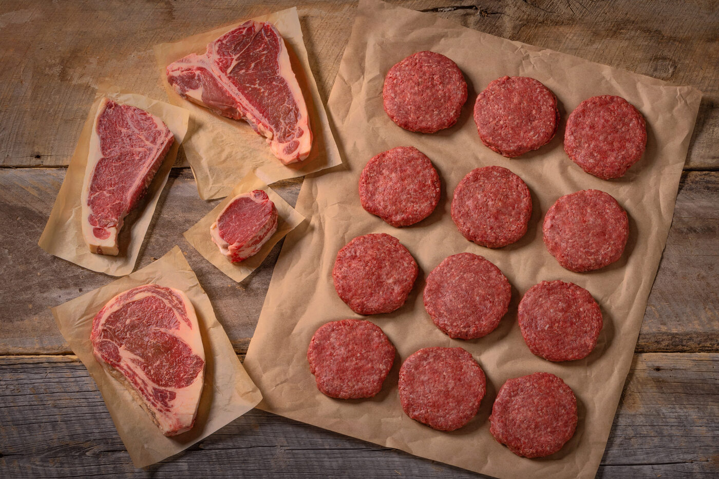 Dry aged steaks and burgers